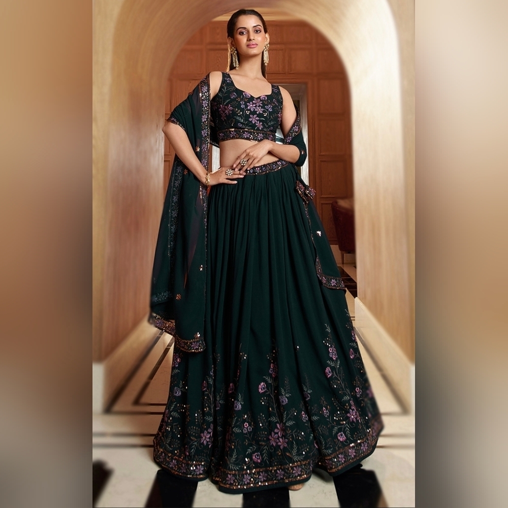 Georgette Dark Green Party Wear Lehenga Choli with Resham embroidery - Size 6
